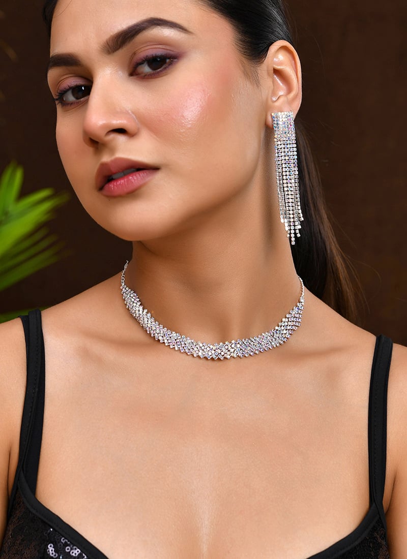 White Choker With Sparkling Stone Charm Wedding Wear