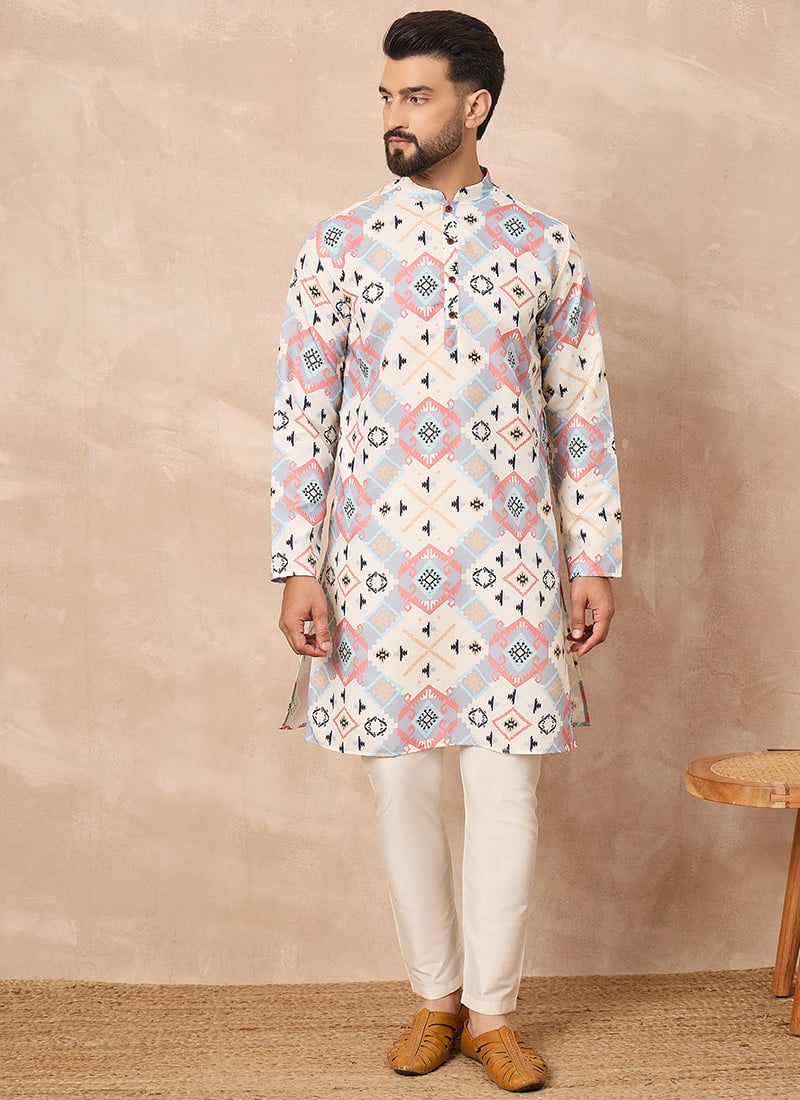 White Cotton Blend Printed Kurta Pyjama Festive Wear