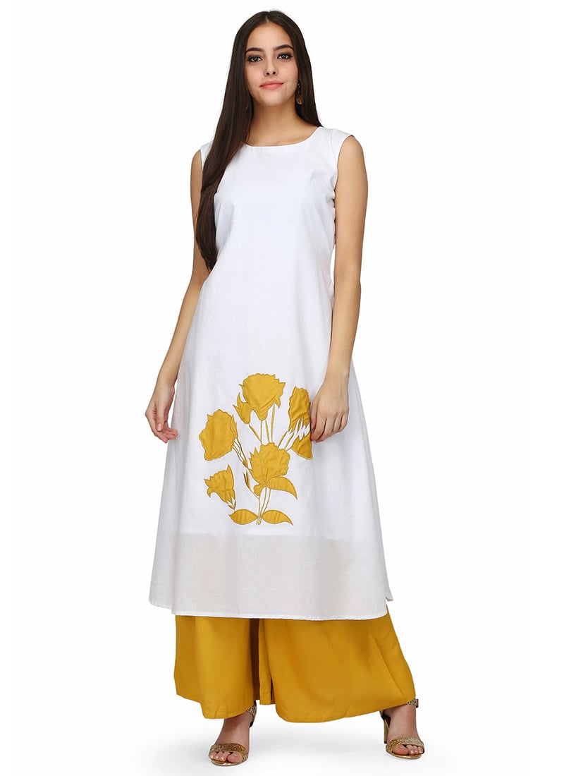 White Cotton Cambric Patch Work Kurta Palazzo Set