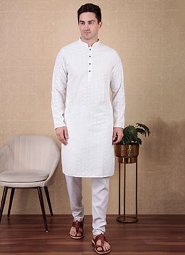 White Cotton Chikankari Sequins Kurta Pyjama