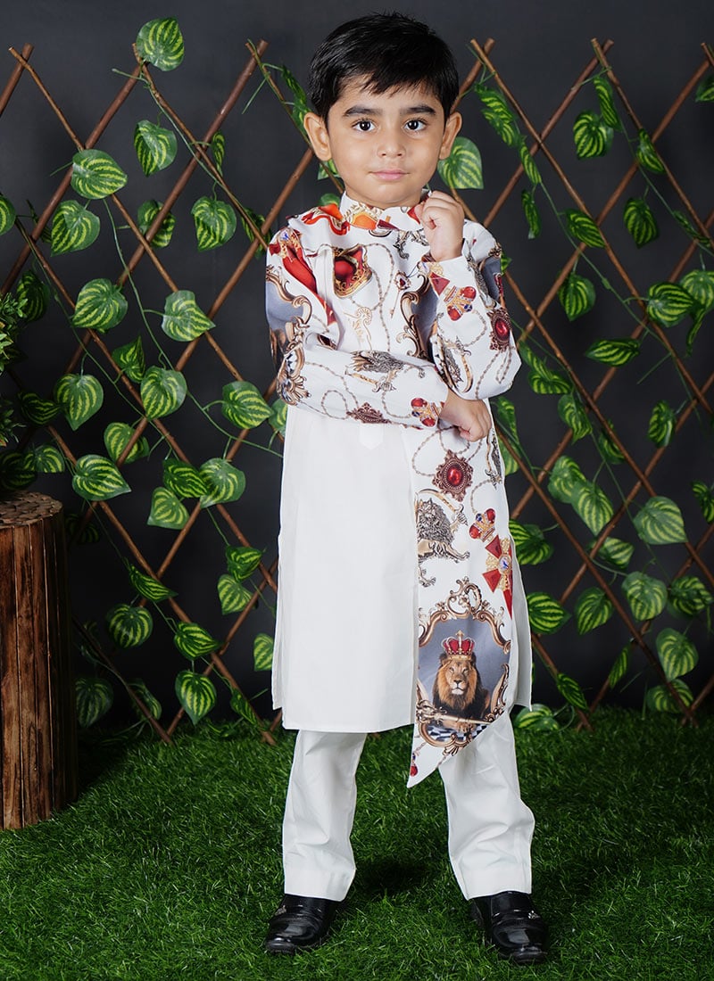 White Cotton Digital Print Kids Boys Kurta Pyjama Festive Wear