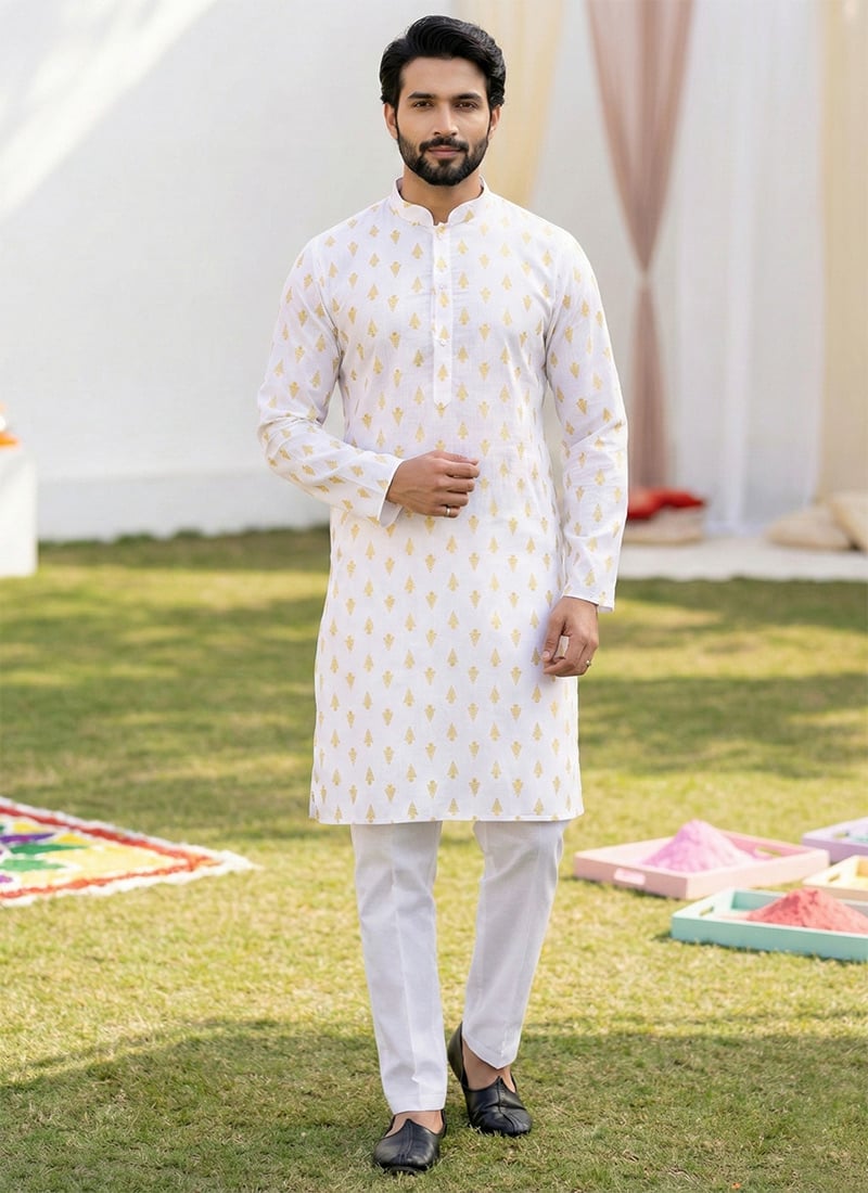 White Cotton Digital Print Kurta Pyjama Festive Wear