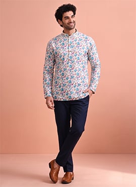 White Cotton Digital Print Short Kurta For Men