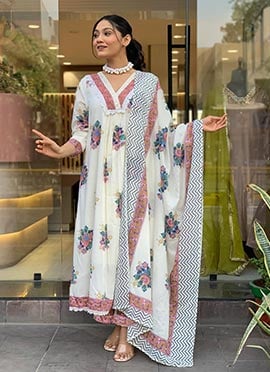 White Cotton Digital Print Straight Pant Suit