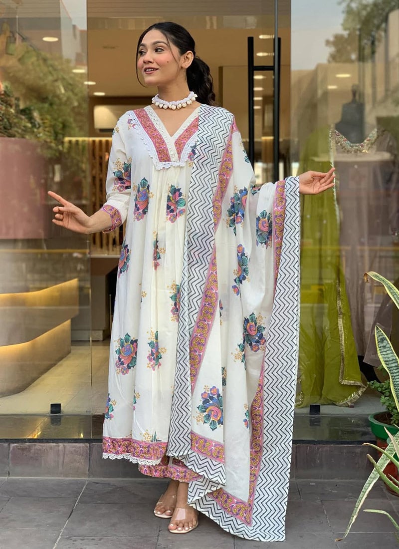 White Cotton Digital Print Straight Pant Suit After Six Wear