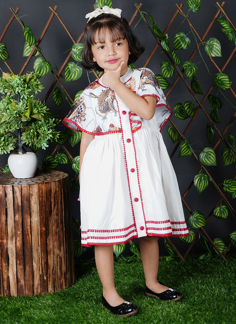 White Cotton Digital Print With Stylish Butterfly Sleeves Kids Girls A Line Dress