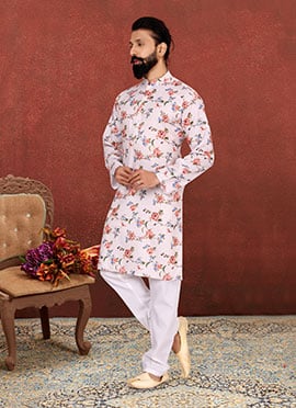 White Cotton Digital Printed Kurta Pyjama