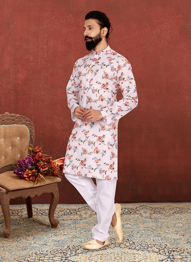 White Cotton Digital Printed Kurta Pyjama