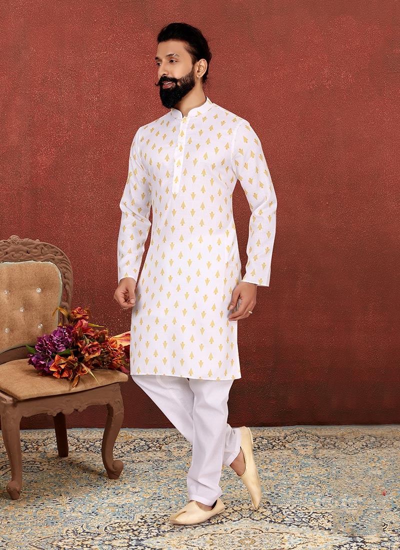 White Cotton Digital Printed Kurta Pyjama