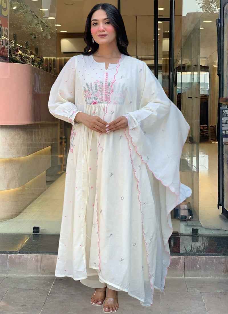 White Cotton Embroidered Anarkali Suit Festive Wear