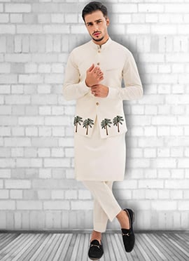 White Cotton Embroidered Bandi Set