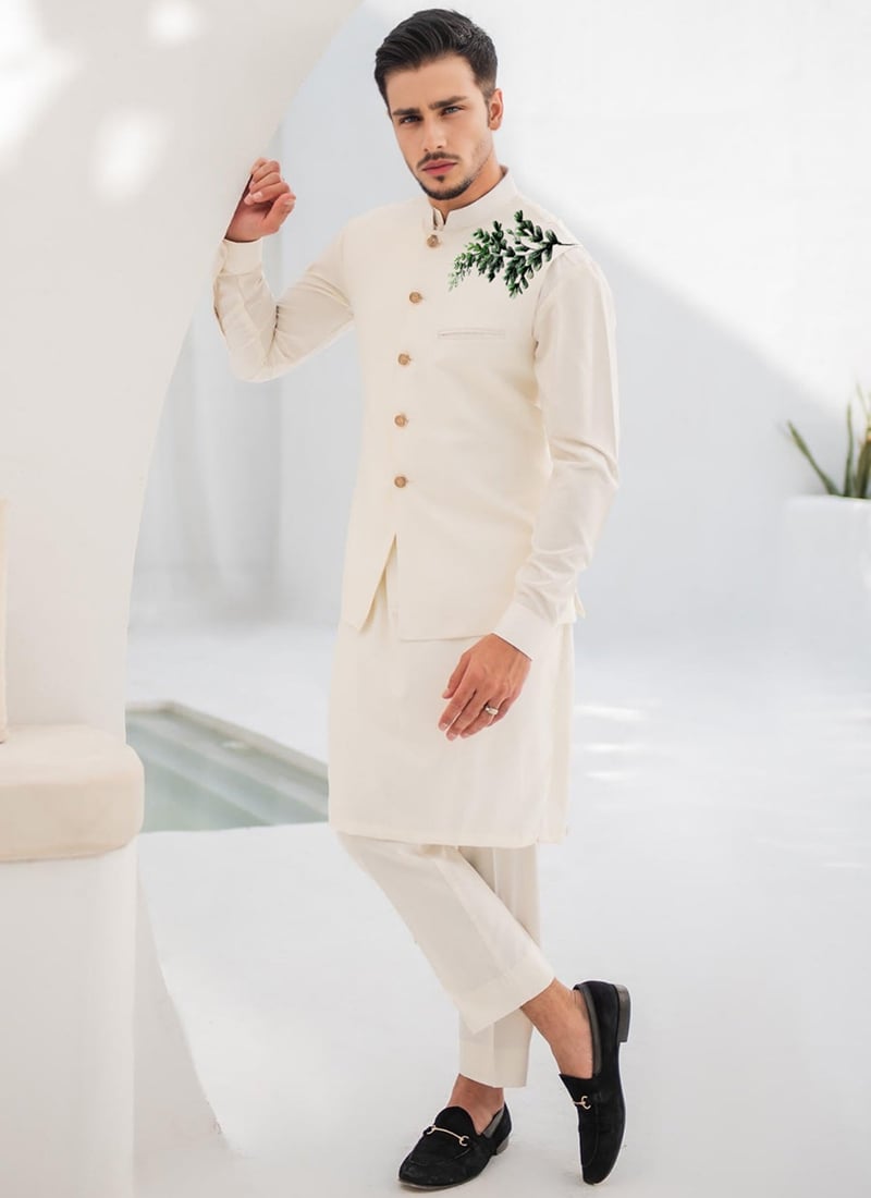 White Cotton Embroidered Bandi Set Festive Wear
