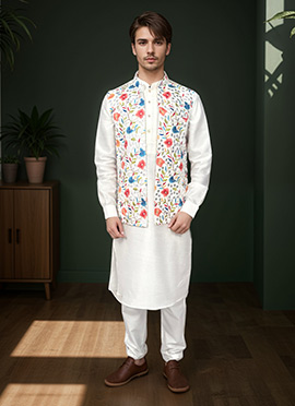 White Cotton Embroidered Bandi Set