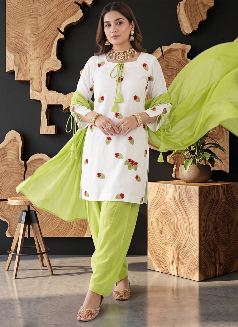 White Cotton Embroidered Farshi Pant Suit Festive Wear