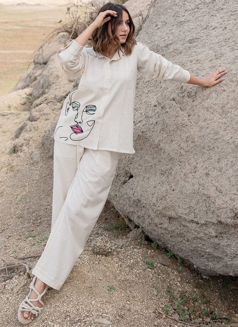 White Cotton Embroidered Indowestern Co ord Set After Six Wear