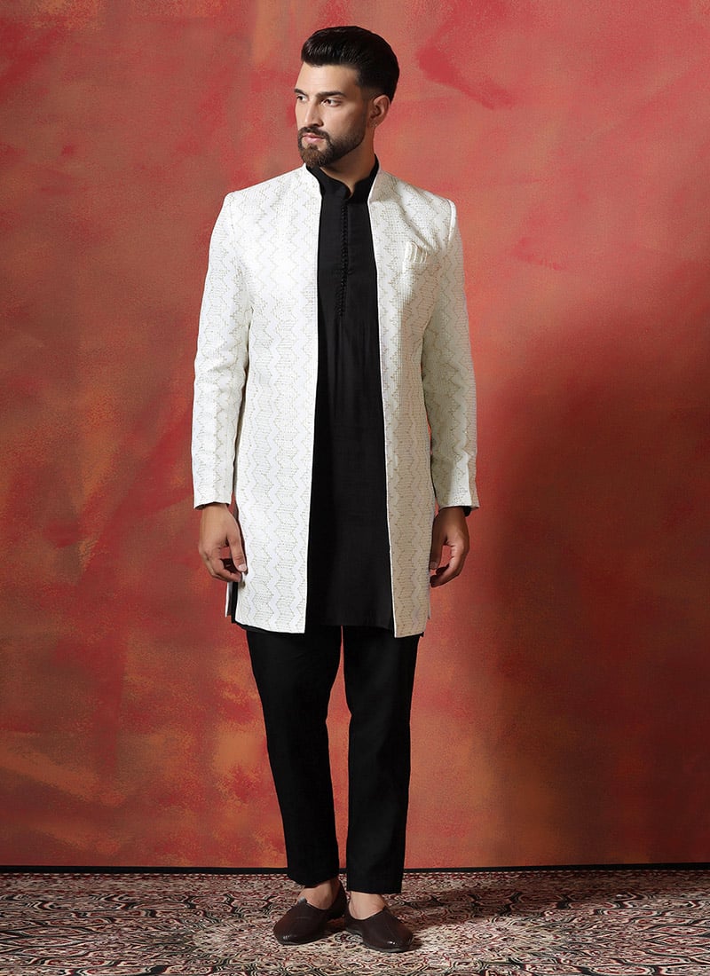 White Cotton Embroidered Indowestern Sherwani Pyjama Set Wedding Wear