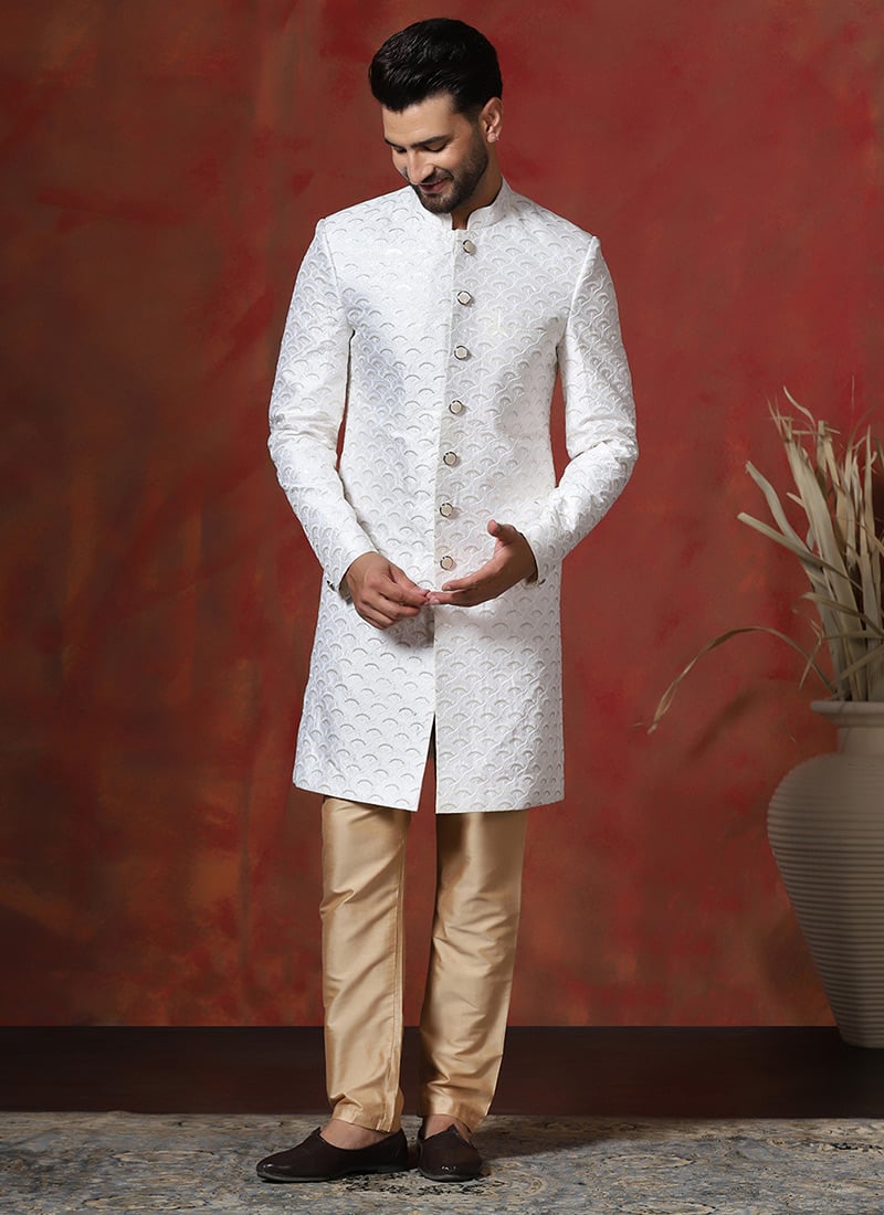 White Cotton Embroidered Indowestern Sherwani Set Wedding Wear