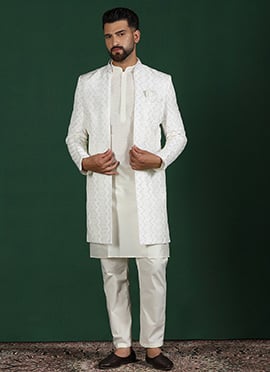 White Cotton Embroidered Kurta Indowestern Sherwani Pyjama Set