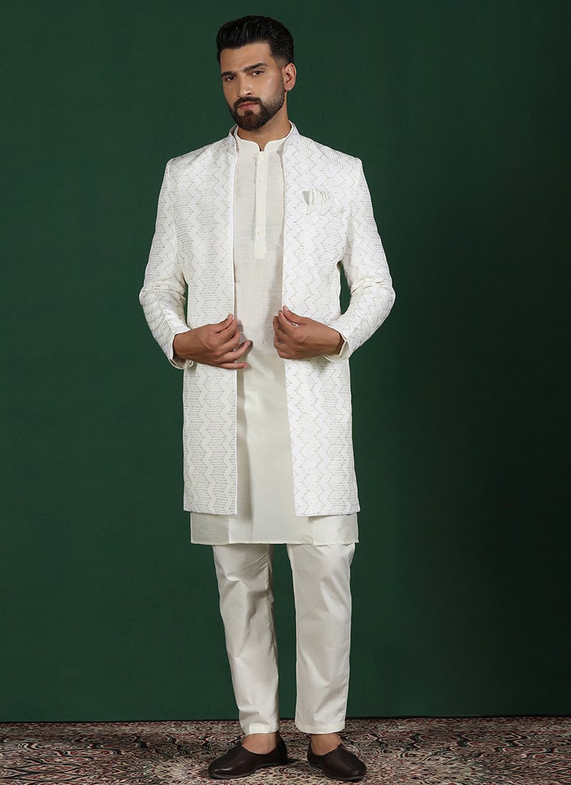 White Cotton Embroidered Kurta Indowestern Sherwani Pyjama Set Wedding Wear