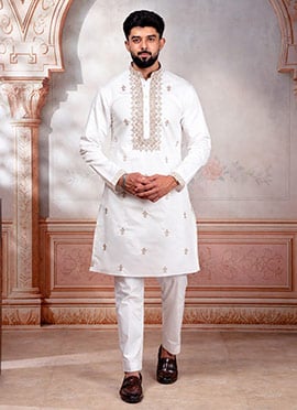White Cotton Embroidered Kurta Pyjama For Men
