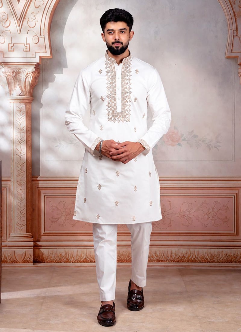 White Cotton Embroidered Kurta Pyjama For Men Festive Wear