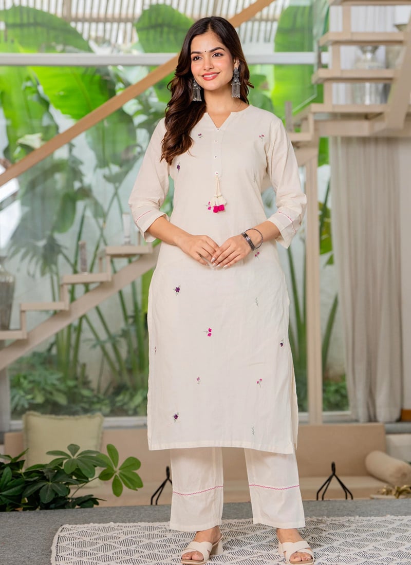 White Cotton Embroidered Kurta Straight Pant Set After Six Wear