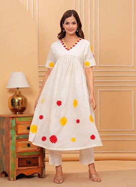 White Cotton Embroidered Kurta Straight Pant Set