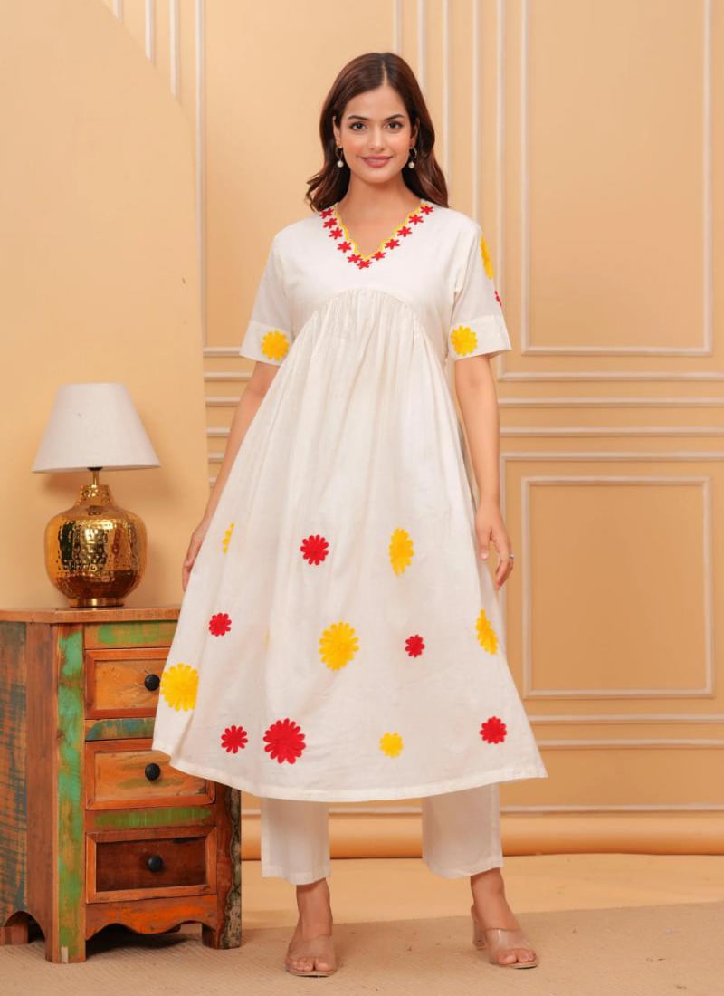 White Cotton Embroidered Kurta Straight Pant Set After Six Wear
