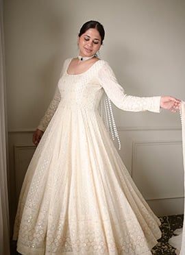 White Cotton Embroidered Sequins Anarkali Suit