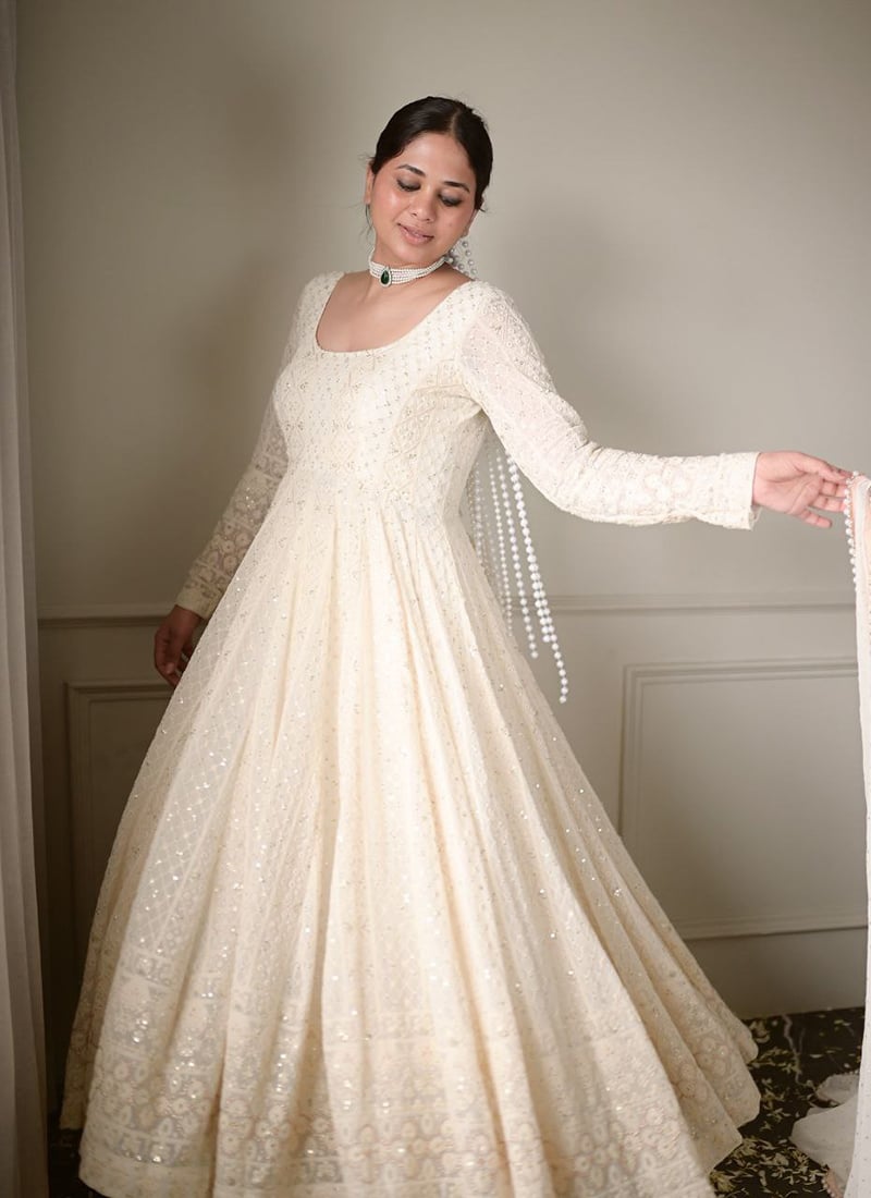 White Cotton Embroidered Sequins Anarkali Suit