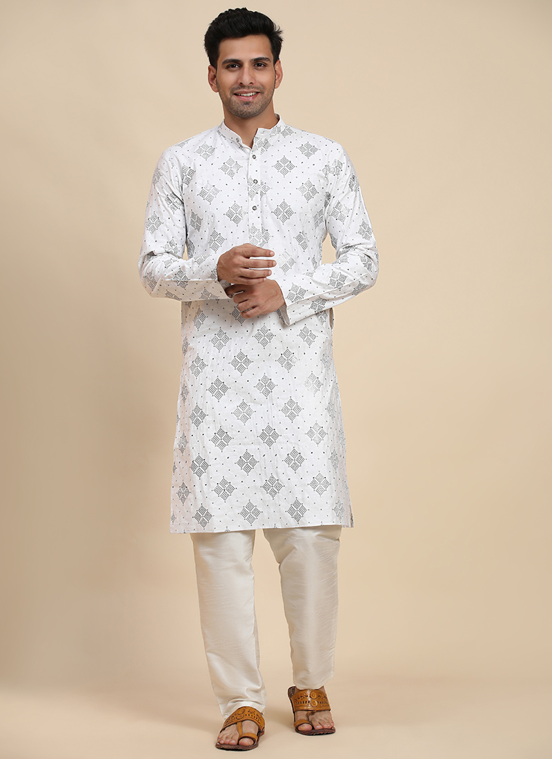 White Cotton Embroidered Sequins Kurta