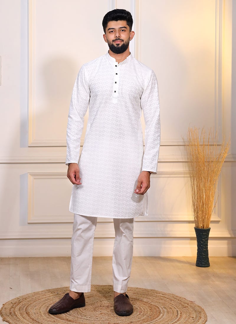 White Cotton Embroidered Sequins Kurta Pyjama For Men Festive Wear