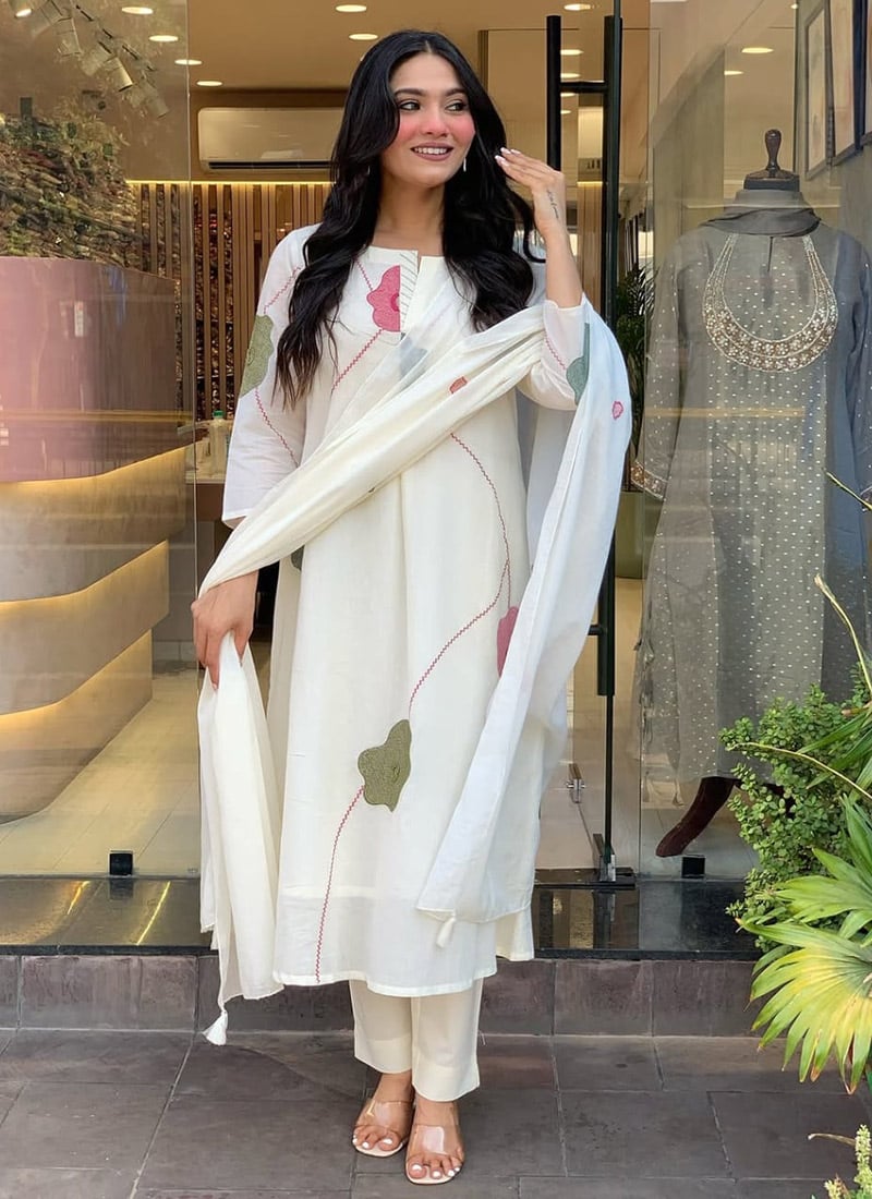 White Cotton Embroidered Straight Pant Suit Festive Wear