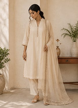 White Cotton Embroidered Straight Suit