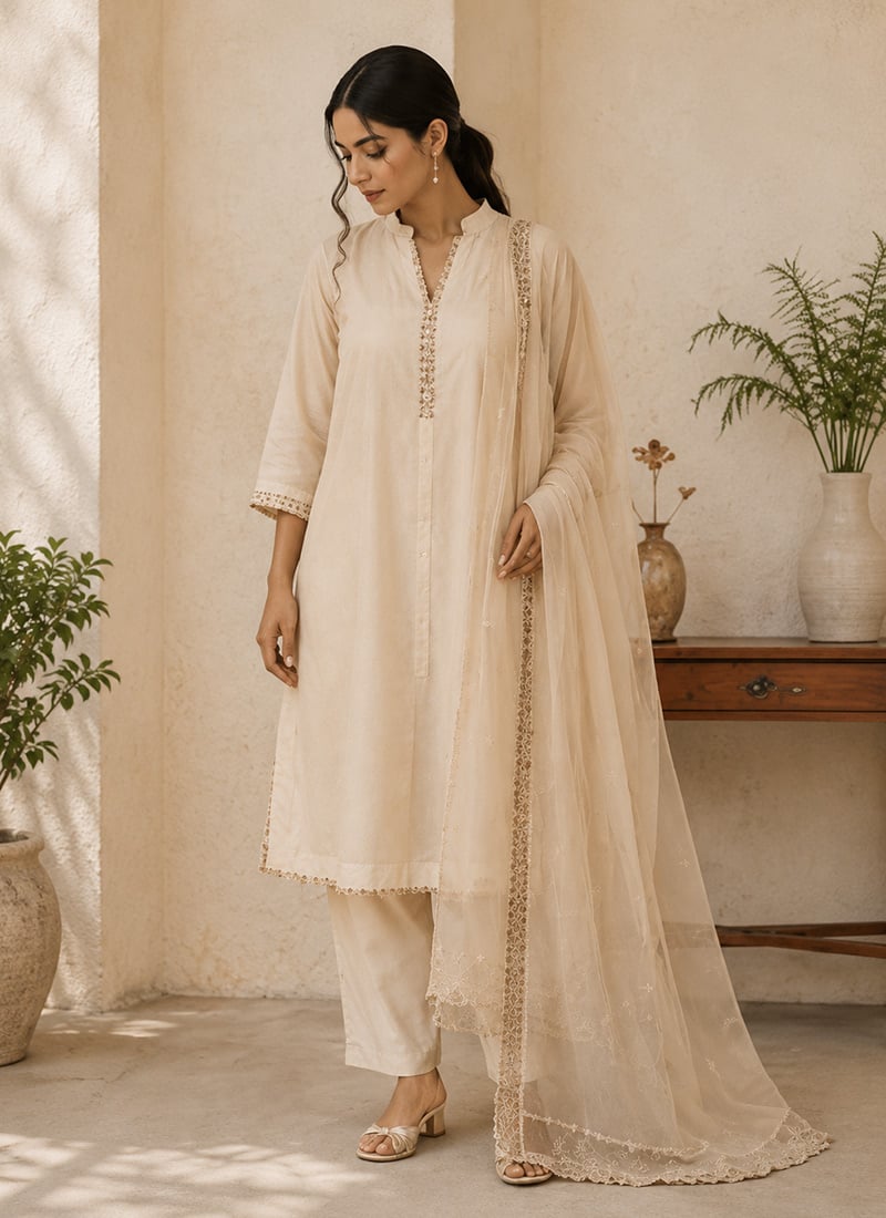 White Cotton Embroidered Straight Suit After Six Wear