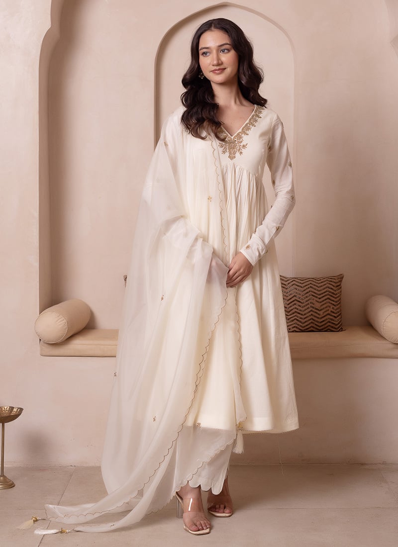 White Cotton Embroidered Straight Suit After Six Wear