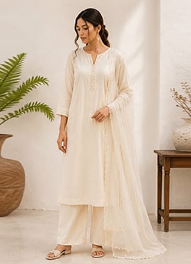 White Cotton Embroidered Straight Suit