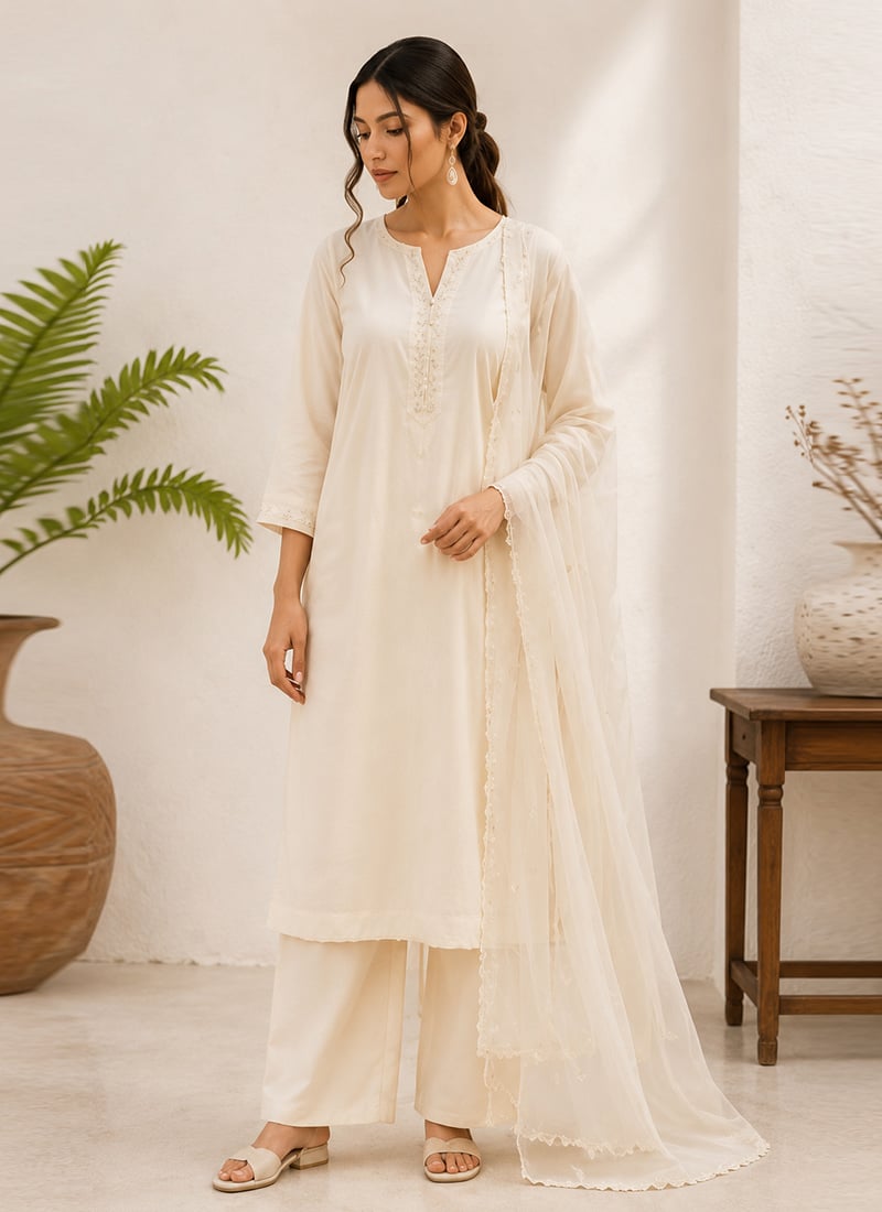 White Cotton Embroidered Straight Suit After Six Wear