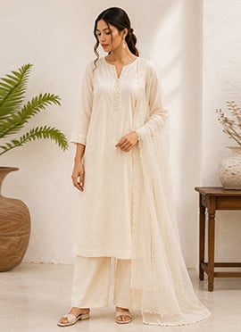 White Cotton Embroidered Straight Suit