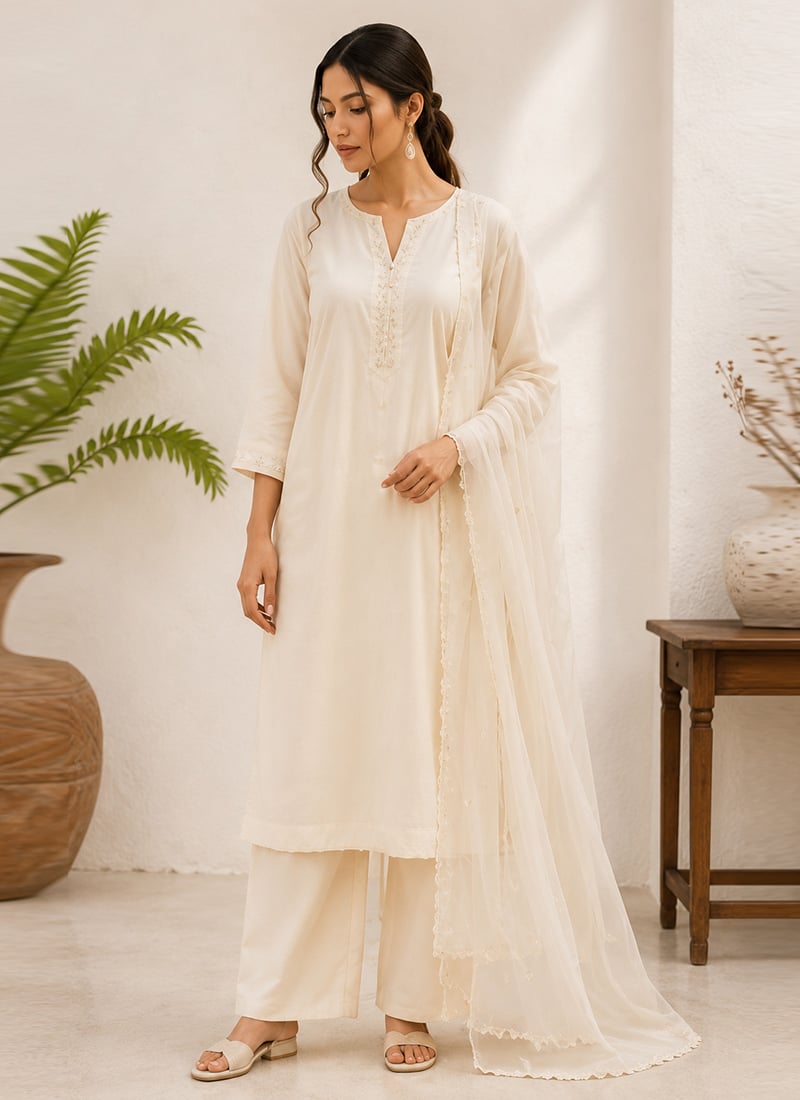 White Cotton Embroidered Straight Suit After Six Wear