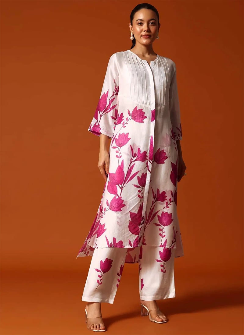 White Cotton Floral Print Indowestern Sets and Suits After Six Wear