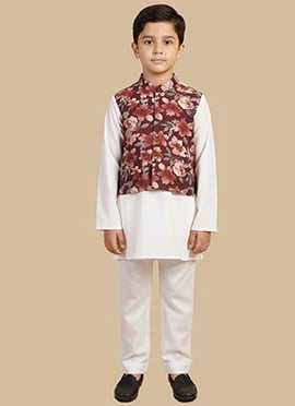 White Cotton Floral Print Kids Boys Bandi Set