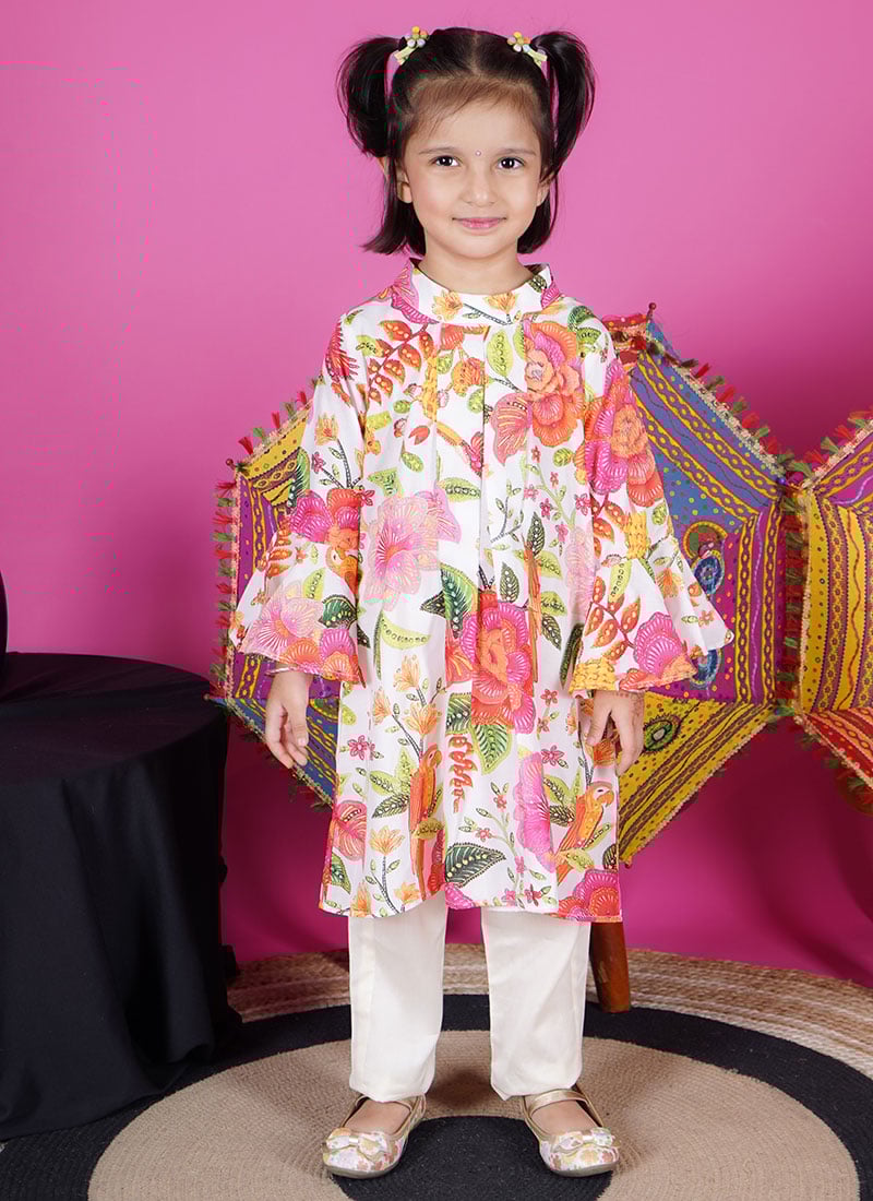 White Cotton Floral Print Kids Girls Kurta Straight Pant Set