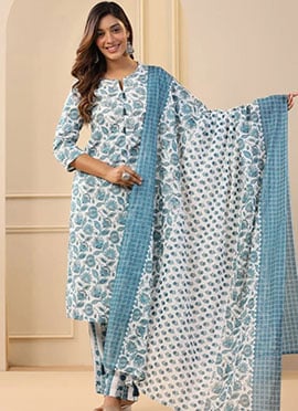 White Cotton Floral Print Straight Pant Suit