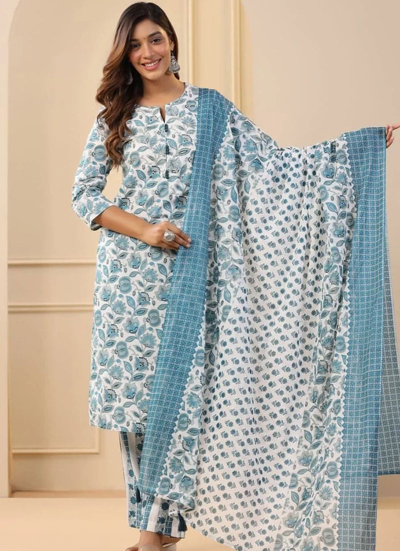 White Cotton Floral Print Straight Pant Suit After Six Wear