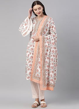 White Cotton Floral Print Straight Pant Suit With Angel Layered Sleeves