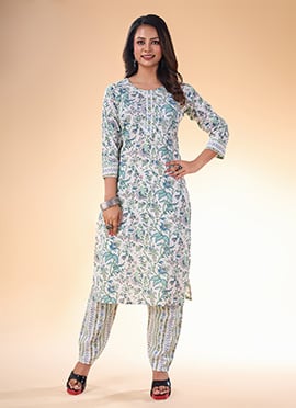 White Cotton Floral Printed Kurta Salwar Set Formal Wear For Women