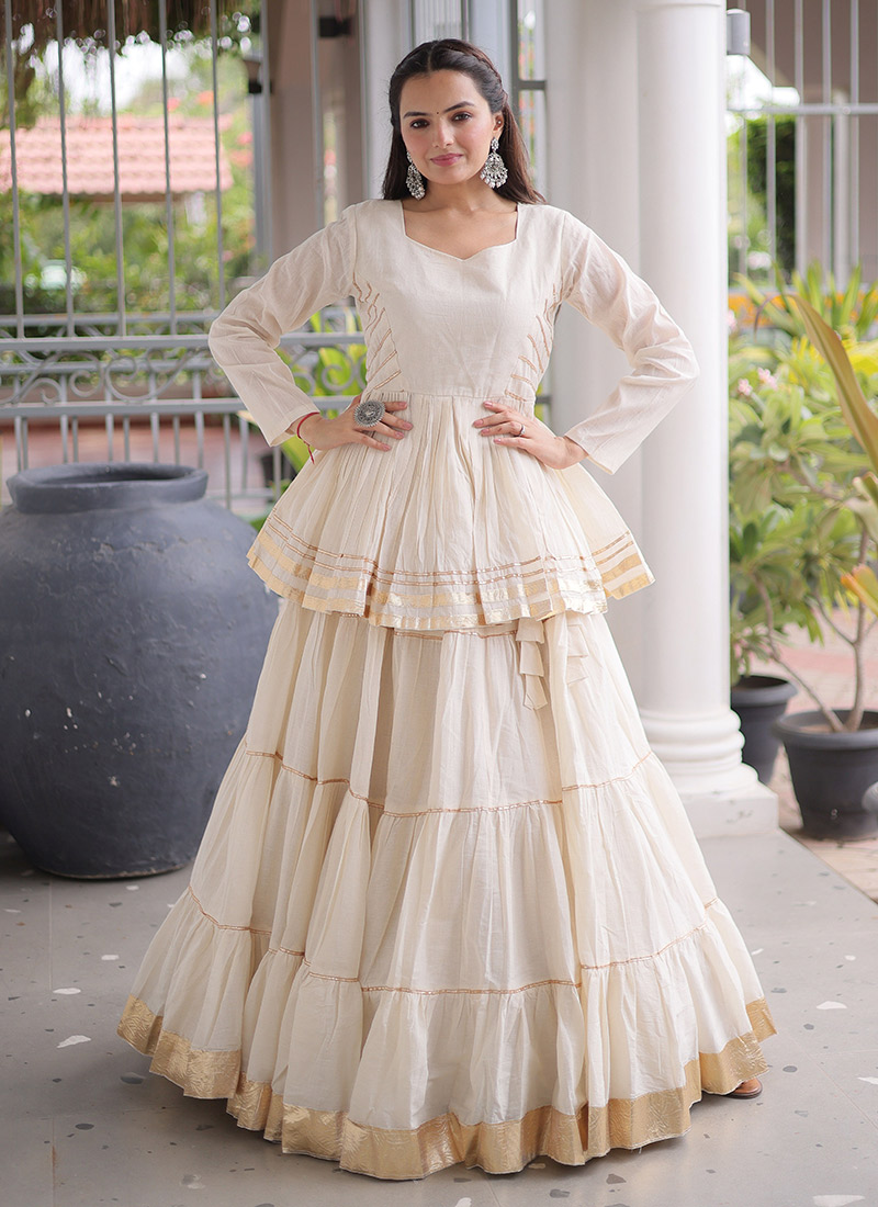 White Cotton Gota Patti Peplum Skirt Set Festive Wear