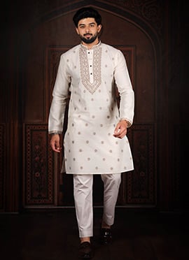 White Cotton Jacquard Kurta Pyjama For Men