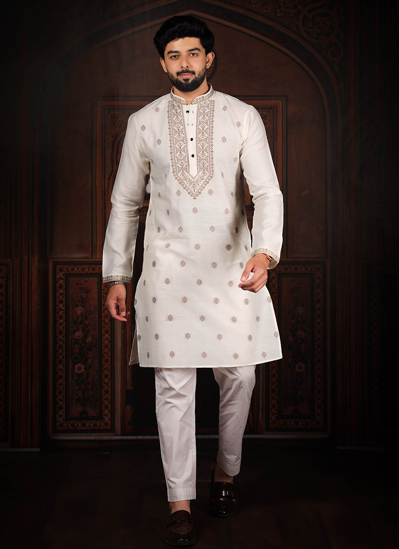 White Cotton Jacquard Kurta Pyjama For Men Festive Wear